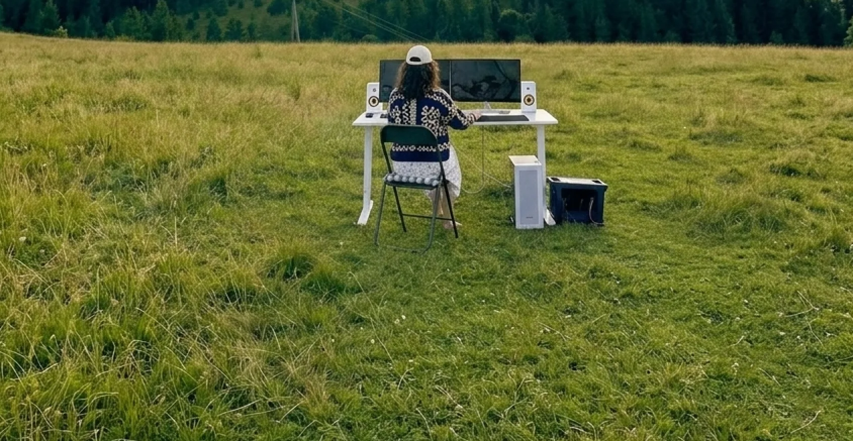 Someone working at a desk set up outdoors, in the middle of a field
